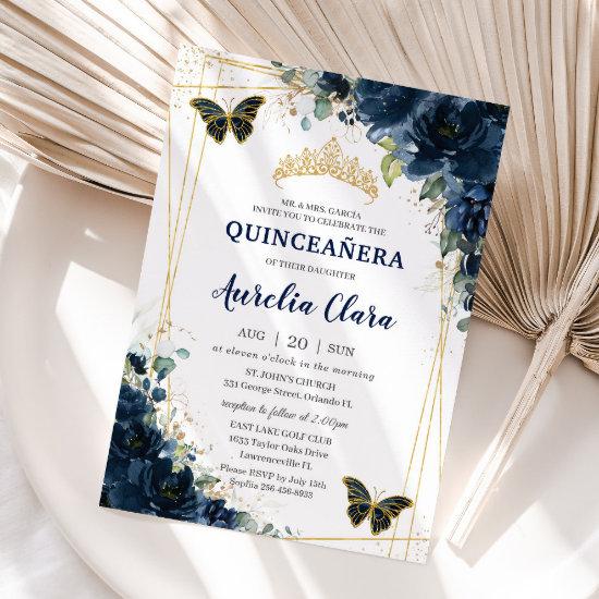Quinceañera Navy Blue Floral Butterflies Crown