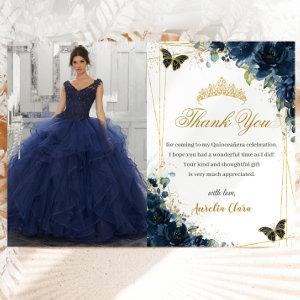 Quinceañera Navy Blue Floral Butterflies Picture Thank You Card