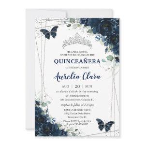 Quinceañera Navy Blue Floral Butterflies Silver