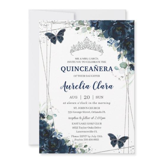 Quinceañera Navy Blue Floral Butterflies Silver