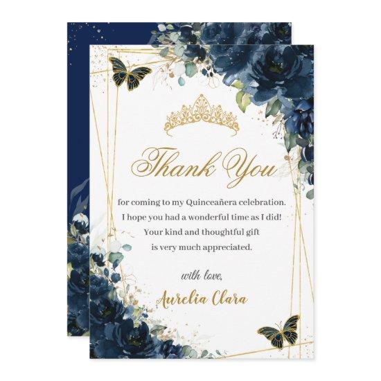 Quinceañera Navy Blue Floral Gold Butterflies Thank You Card