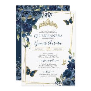 Quinceañera Navy Blue Floral Gold Butterfly