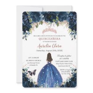 Quinceañera Navy Blue Floral Princess Rose Gold