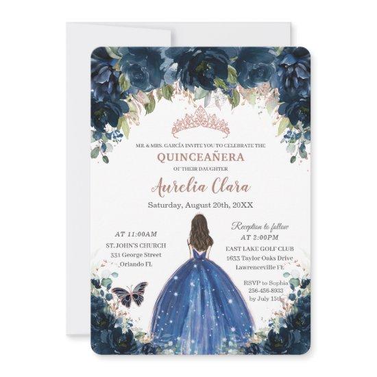 Quinceañera Navy Blue Floral Princess Rose Gold