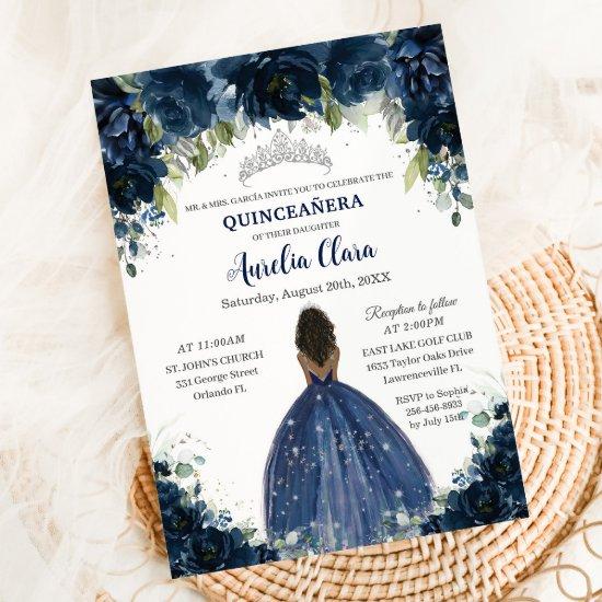 Quinceañera Navy Blue Floral Silver Brown Princess