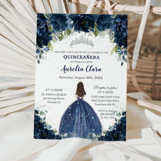 Quinceañera Navy Blue Floral Silver Princess Crown