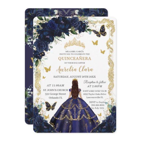 Quinceañera Navy Blue Flowers Gold Princess