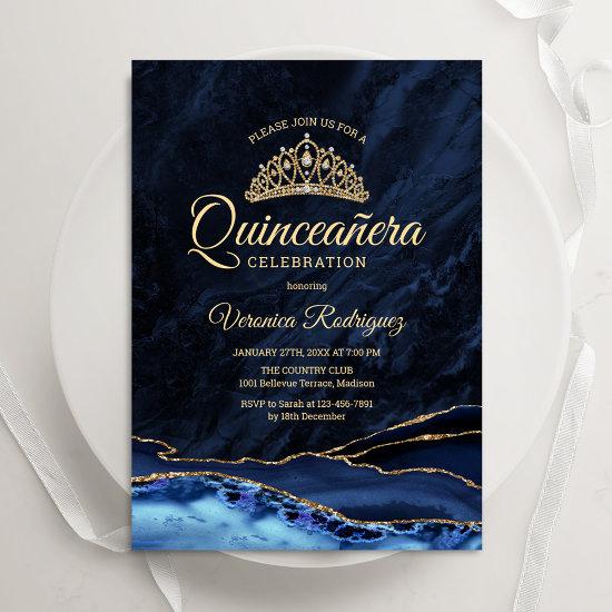 Quinceanera Navy Blue Gold Agate Marble