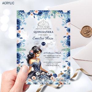 Quinceañera Navy Blue Peach Silver Dress Flowers Acrylic