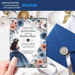 Quinceañera Navy Blue Peach Silver Dress Flowers Acrylic