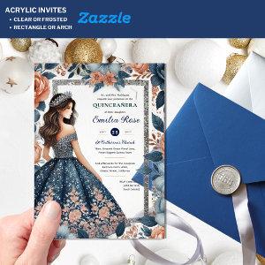Quinceañera Navy Blue Rose Gold Dress Flowers Acrylic