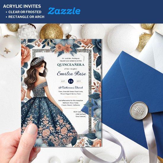 Quinceañera Navy Blue Rose Gold Dress Flowers Acrylic
