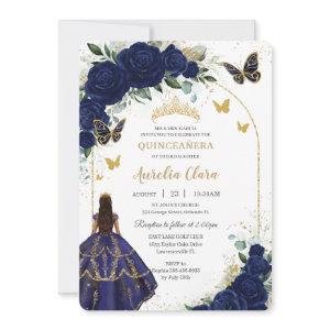 Quinceañera Navy Blue Roses Floral Princess Gold