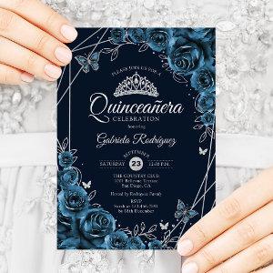 Quinceanera Navy Blue Silver Floral