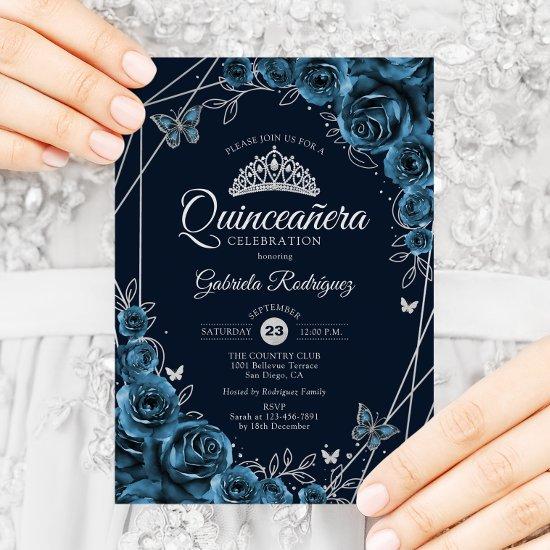 Quinceanera Navy Blue Silver Floral