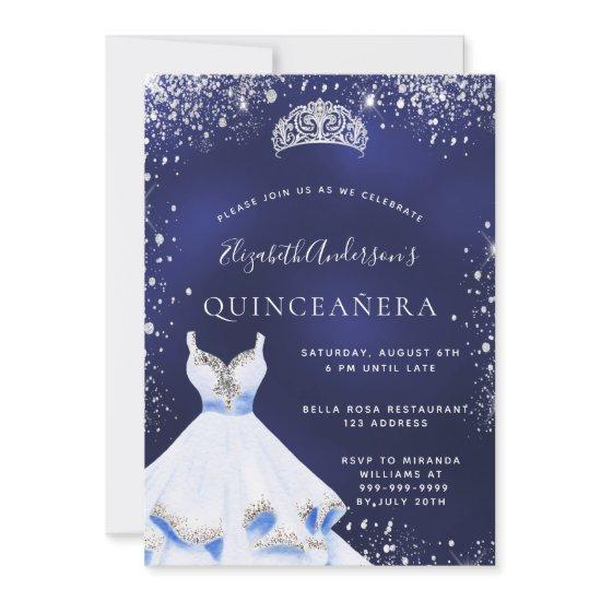 Quinceanera navy blue silver glitter dress tiara