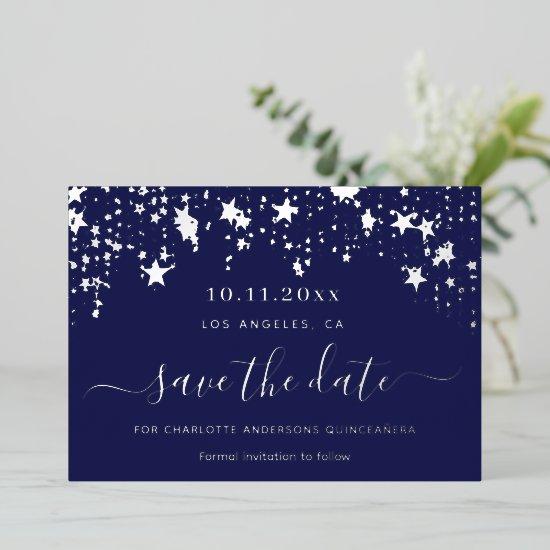 Quinceanera navy blue silver Save the Date Foil Holiday Card