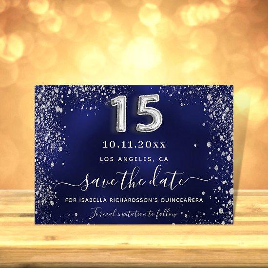 Quinceanera navy blue silver sparkles save the date