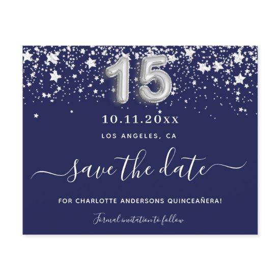 Quinceanera navy blue silver star save date budget flyer