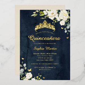 Quinceanera Navy Champagne Floral Gold  Foil
