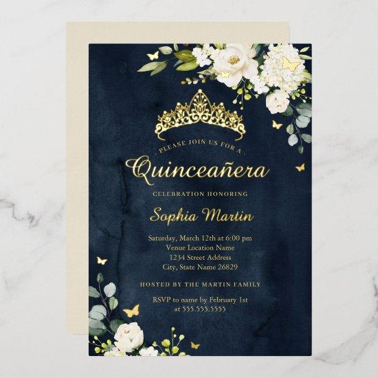 Quinceanera Navy Champagne Floral Gold  Foil