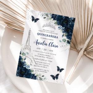 Quinceañera Navy Floral Paris Eiffel Butterflies