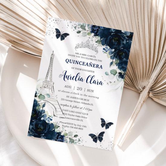 Quinceañera Navy Floral Paris Eiffel Butterflies