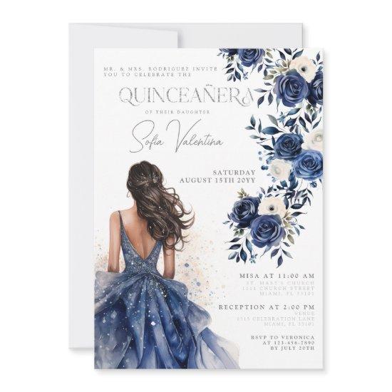 Quinceañera Navy Royal Blue Floral Gown Princess