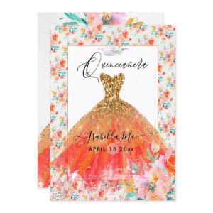 Quinceanera Orange Sparkle Gown Watercolor Flowers