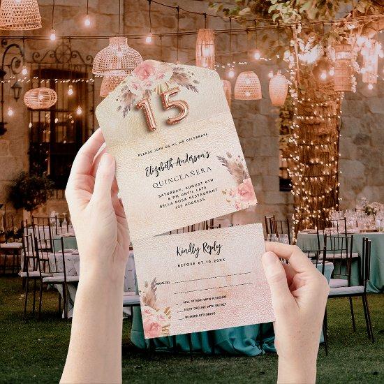 Quinceanera pampas grass rose pink florals RSVP All In One