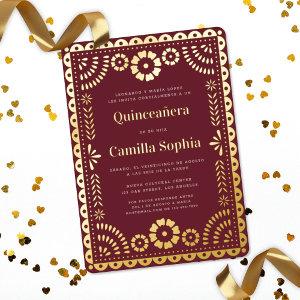 Quinceañera Papel Picado Burgundy Red Gold Foil