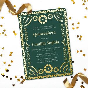 Quinceañera Papel Picado Dark Green Gold Foil