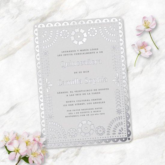 Quinceañera Papel Picado Elegant Grey Silver Foil
