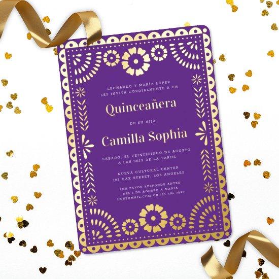 Quinceañera Papel Picado Elegant Purple Gold Foil