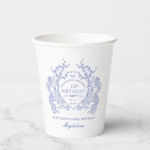 Quinceanera Party French Blue Floral Crest Custom Paper Cups