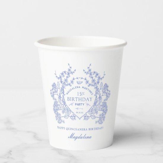 Quinceanera Party French Blue Floral Crest Custom Paper Cups