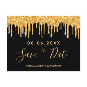 Quinceanera party gold glitter black save the date postcard