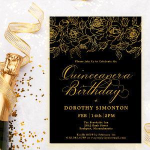 Quinceanera Party Gold Rose Floral Black