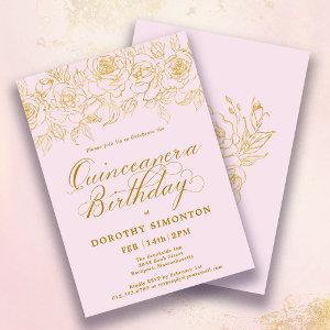 Quinceanera Party Gold Rose Floral Blush Pink