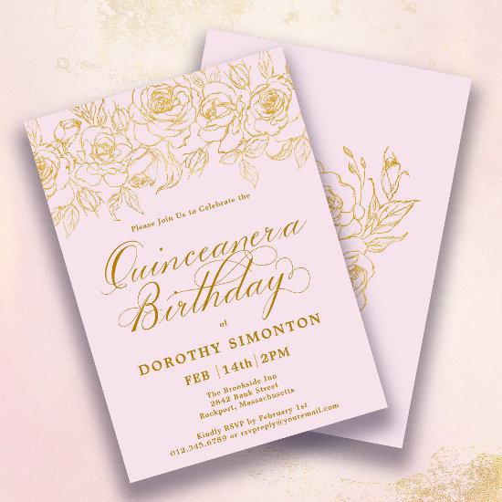 Quinceanera Party Gold Rose Floral Blush Pink