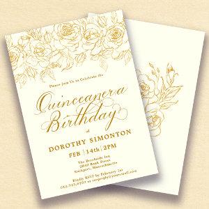 Quinceanera Party Gold Rose Floral Ivory White