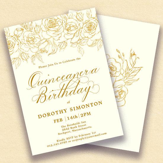 Quinceanera Party Gold Rose Floral Ivory White