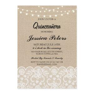 Quinceanera Party Lights Rustic Burlap Lace Invite