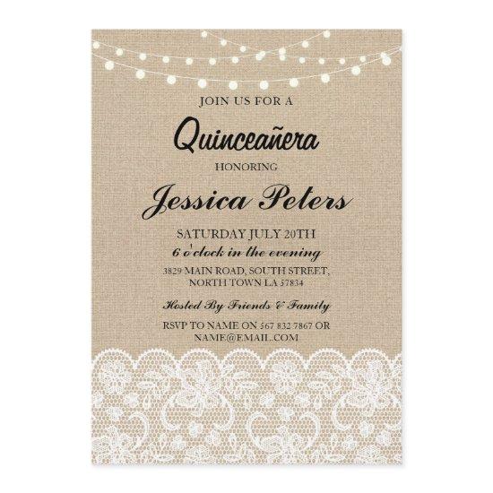 Quinceanera Party Lights Rustic Burlap Lace Invite