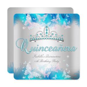 Quinceanera Party Pink Teal Blue Tiara Butterfly
