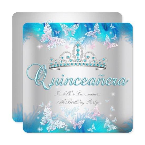 Quinceanera Party Pink Teal Blue Tiara Butterfly