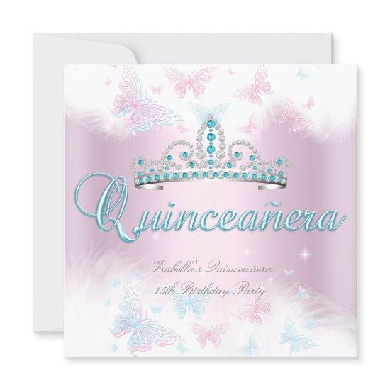 Quinceanera Party Pink Teal Tiara Butterfly 2