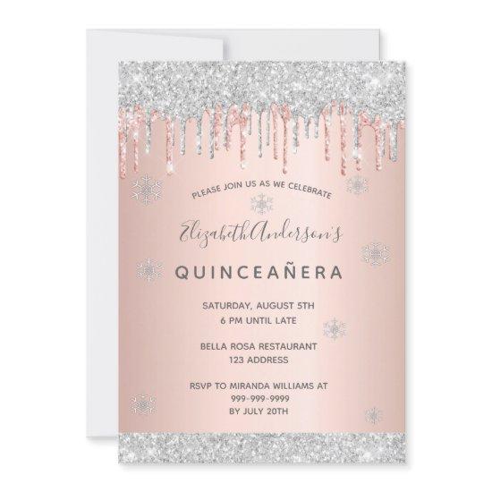 Quinceanera party winter silver glitter pink snow