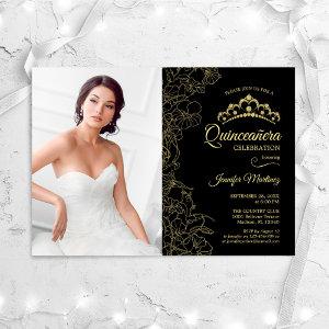 Quinceanera Party With Photo - Black Gold Floral