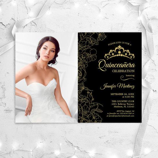 Quinceanera Party With Photo - Black Gold Floral